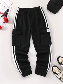 SHEIN 儿童/青少年男童休闲街头风抽绳针织运动裤，适合通勤、上学、日常休闲、旅行、运动，春、夏、秋、冬四季皆宜。 - 黑色 - 查看 2