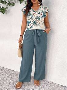 SHEIN Frenchy Casual Tropical Plant Print Plus Size 2 Pieces Set, Suitable For Summer - Multicolor - View 1