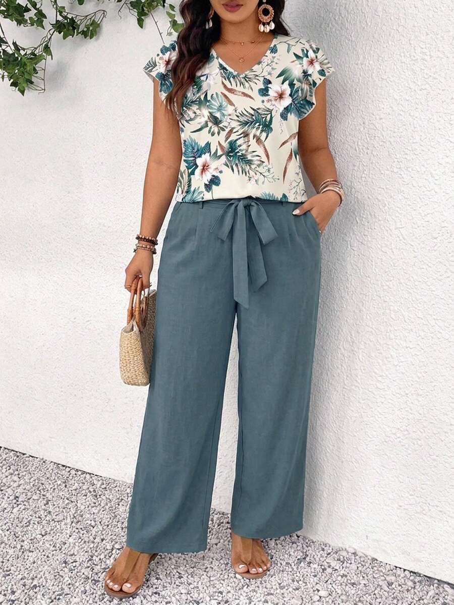 SHEIN Frenchy Casual Tropical Plant Print Plus Size 2 Pieces Set, Suitable For Summer - Multicolor - View 1