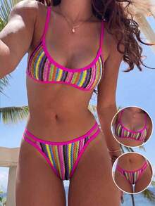 Swim Mod Bộ bikini hai mảnh kiểu quây, dễ thương, kẻ sọc, chất liệu vải đặc biệt, hở lưng, cạp cao, gợi cảm dành cho nữ, thích hợp cho kỳ nghỉ hè 2026. - Nhiều màu - Xem 1