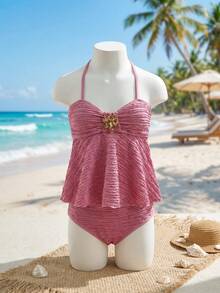 SHEIN Bộ đồ bơi tankini cổ yếm dệt jacquard dành cho bé gái tuổi teen - Hồng - Xem 2