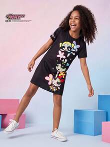 THE POWERPUFF GIRLS X SHEIN Maija Kids 少女卡通动物印花柔软针织圆领短袖连衣裙 - 黑色 - 查看 2