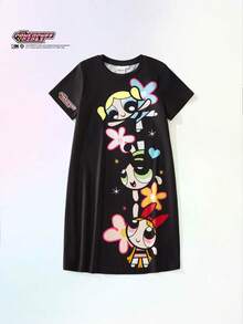 THE POWERPUFF GIRLS X SHEIN Maija Kids 少女卡通动物印花柔软针织圆领短袖连衣裙 - 黑色 - 查看 3