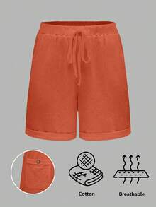 Linhara CURVE Plus Size Washed Cotton Cinched Waist Backpocket Button Decor Short Casual Top - Orange - View 5