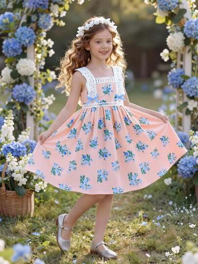 Elladie kids Young Girls Apricot Sleeveless Lace Trim Blue Floral Print Cinched Waist Dress, Summer Children Elegant Cute Beach Holiday Outdoor Outfit Spring Summer Picks Tea Party Dresses For Girls Young Girls Dresses Daisy Dresses Charming Kids Dresses
