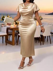 Fleurora Plus Size Women Champagne Gold Ruffle Hem A-Line Satin Dress,Elegant Wedding Summer Holiday Ladies Dresses,Luxurious Dinner Party Occasion Outfits - Champagne - View 5