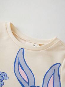 LOONEY TUNES X SHEIN 男婴夏季休闲可爱兔子印花圆领短袖T恤和裤子套装 - 杏色 - 查看 4