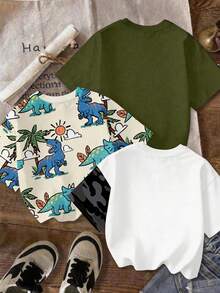3pcs/Set Young Boy's T-Shirt Outfit, Classic Cool Brave Dinosaur Graphic Print, Suitable For Spring & Summer - Multicolor - View 4