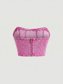 SHEIN MOD 拉链后背抹胸牛仔夏季束身胸衣 - 粉色 - 查看 2