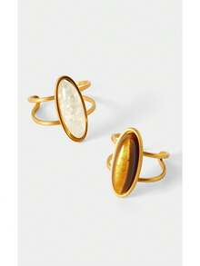 Noxbound 2pcs Stainless Steel Gold-Tone Open Ring Set With White And Tiger Eye Stone Gems, Suitable For Women Jewelry Or Gifting - Yellow Gold - View 1
