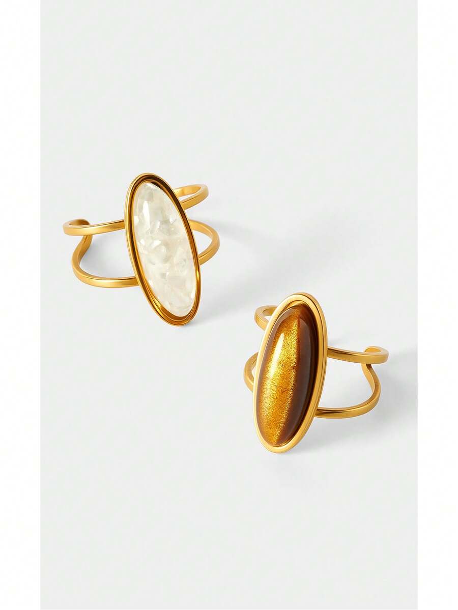 Noxbound 2pcs Stainless Steel Gold-Tone Open Ring Set With White And Tiger Eye Stone Gems, Suitable For Women Jewelry Or Gifting - Yellow Gold - View 1