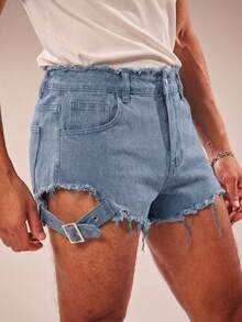 FeverCity Quần short denim nam mùa hè, phong cách thường ngày, thời trang đường phố, rách tua rua, có chi tiết khóa cài. - Màu xanh lam - Xem 6
