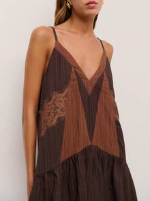 Nöista Brown Slip Dress With Contrasting Panels, Lace Accents, And A Flared Hem With Adjustable Straps On Back. Event, Festival, Spring, Summer, Woman. - Brown - View 3