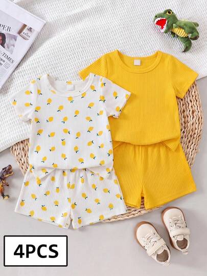 SHEIN Playful Pals Bộ quần áo 4 món cho bé trai, áo thun cổ tròn in hình chanh + áo thun cổ tròn màu vàng trơn, bộ đồ ngắn tay mùa hè thoải mái, dễ mặc, quần áo trẻ sơ sinh cho bé trai, thích hợp cho mùa xuân/hè, mặc hàng ngày và đi chơi.