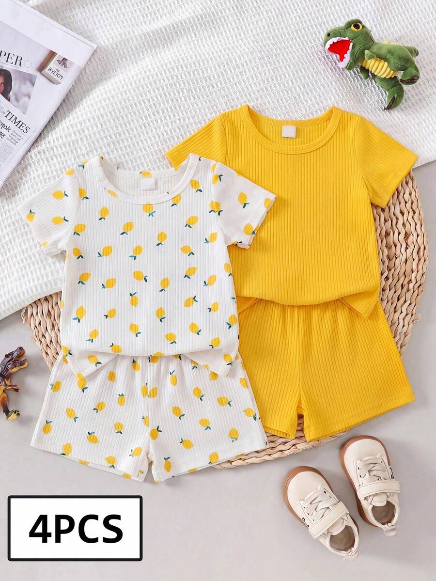 SHEIN Playful Pals 6pcs/Set Newborn Baby Boy Basic Round Neck Elastic Waist Cute Animal Print & Striped Short Sleeve T-Shirt And Shorts Set, Summer