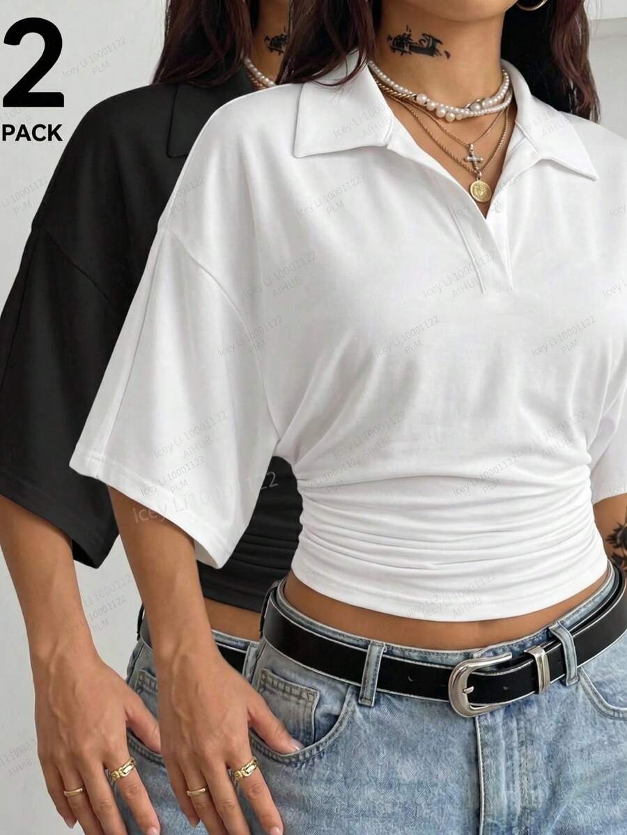 SHEIN EZwear 女士休闲简约双色翻领修身短袖T恤,夏季 - 彩色 - 查看 1