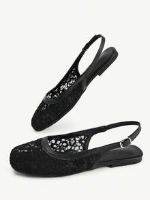 CUCCOO CHICEST Zapatos de mujer con punta cuadrada, suela plana, con tira de encaje negro y malla en la parte trasera. Zapatos planos elegantes, versátiles y cómodos para mujeres. - Negro - Ver 6