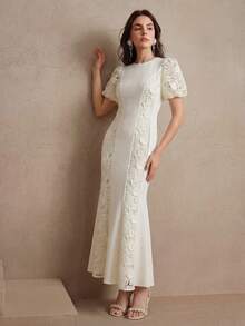 Robe longue élégante pour femmes Anewsta printemps/été, col rond, manches en pétales, mélange de tissus tissés, appliques en dentelle, ourlet en queue de poisson - Nude - Voir 6