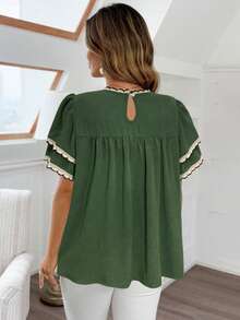 Vionelle Plus Size Elegant Bohemian Style Double-Layer Ruffle Trim Patchwork Casual Blouse - Army Green - View 2