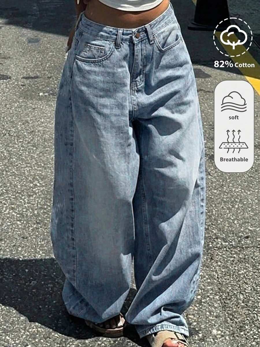 青少年女孩時尚休閒 Y2k 復古酷街頭返校大學簡約基本舒適懷舊藍色寬鬆牛仔褲,適合柔軟日常穿著、電音節慶、居家街頭風寬版牛仔褲 - 淺色水洗藍 - 查看 1