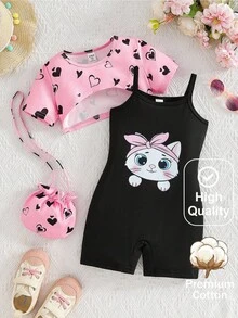 SHEIN 3件套可爱猫咪卡通图案吊带连体衣、短款罩衫+斜挎包，适合日常生活、外出、旅行、聚会、夏季穿搭 - 粉色 - 查看 1