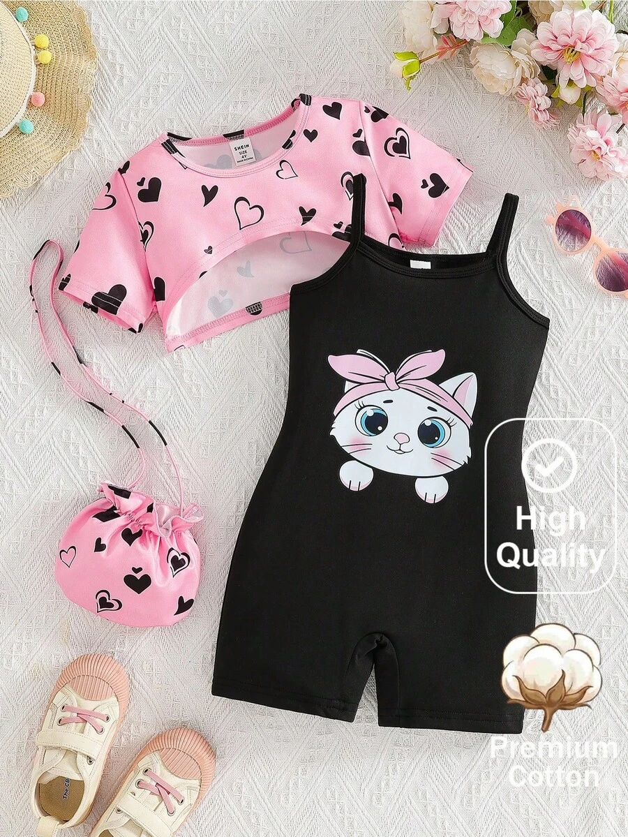 SHEIN 3件套可爱猫咪卡通图案吊带连体衣、短款罩衫+斜挎包，适合日常生活、外出、旅行、聚会、夏季穿搭 - 粉色 - 查看 1