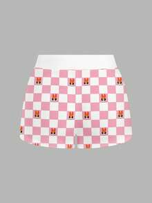 Sweetina THE POWERPUFF GIRLS X SHEIN 女士罗纹舒适开裆格纹印花联名短裤，适合外出、街头穿搭、机场穿搭和居家穿着。 - 彩色 - 查看 2