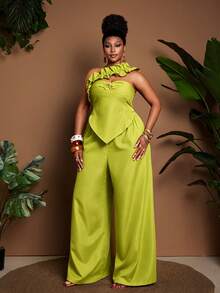 Maweii Mono de pierna ancha con volantes y escote bandeau en color negro, talla grande y estilo retro sexy - Verde - Ver 6