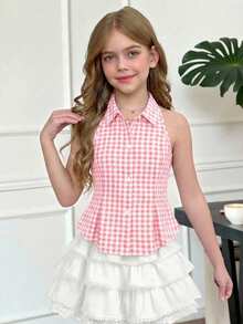 SHEIN Áo sơ mi nữ tuổi teen kiểu dáng thường ngày, thanh lịch, phù hợp đi nghỉ mát, đi làm, không tay, xếp ly, chất liệu dệt sọc xanh trắng, thắt eo, dáng chữ A, cài cúc phía trước, chất liệu vải dệt kim. - Hồng - Xem 2