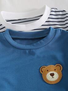 Conjunto de pijama casual de manga corta y cuello redondo para niños pequeños, con pantalón corto, diseño clásico a rayas jacquard + parche bordado de oso en el pecho, adecuado para primavera/verano - Multicolor - Ver 6
