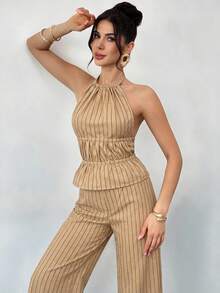 Firerie Bộ đồ 2 mảnh màu nâu dành cho nữ, thanh lịch, thường ngày, gợi cảm, thích hợp cho kỳ nghỉ, lễ hội âm nhạc, tiệc tùng. Bộ gồm áo hai dây buộc cổ sau lưng kẻ sọc và quần dài cạp cao. - Màu Khaki - Xem 6
