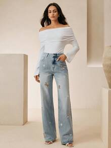 Anewsta Washed Blue Small Dog Embroidered Denim Pants - Blue - View 6