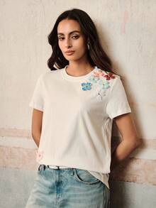 Anewsta Áo thun ngắn tay bằng cotton màu trắng đơn giản với họa tiết cánh thiên thần đính cườm, thích hợp cho nữ mùa xuân/hè. - trắng - Xem 6