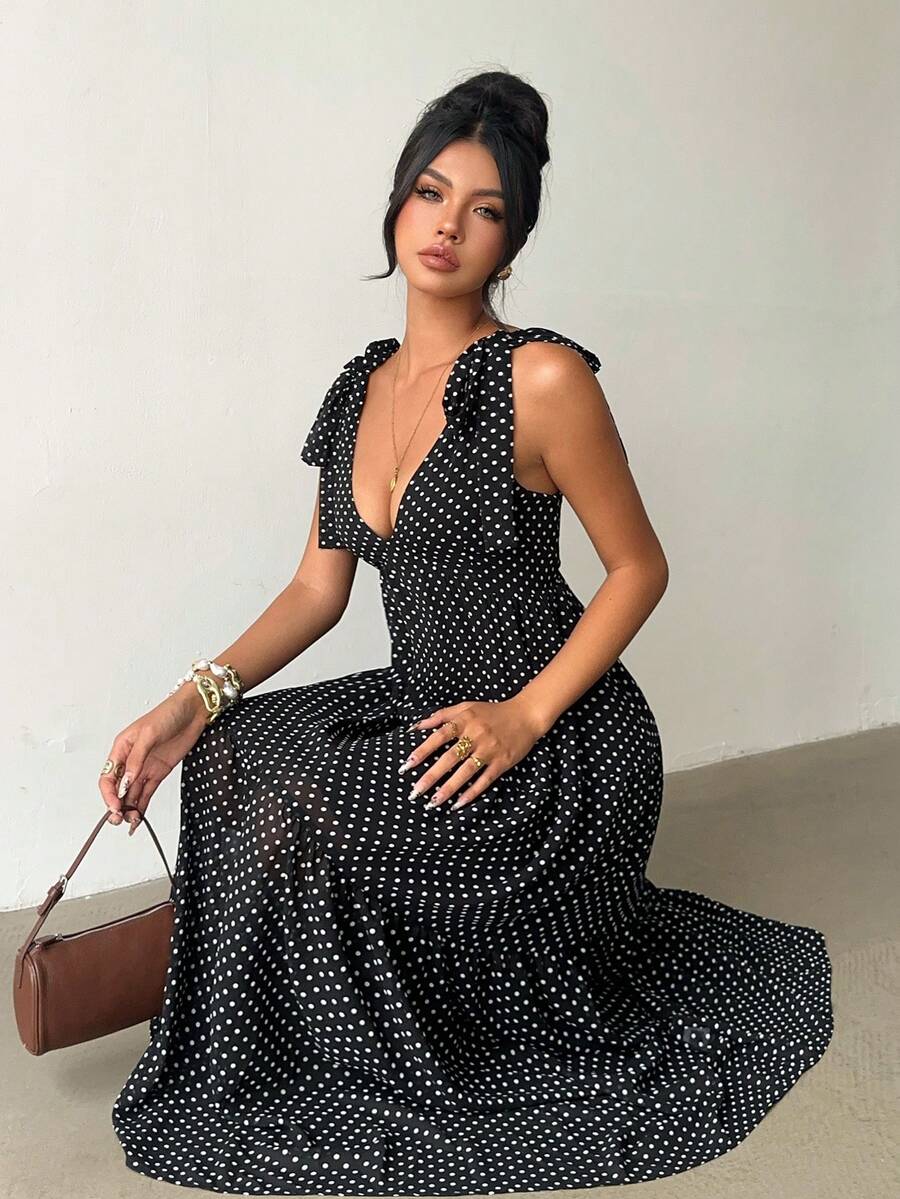 SHEIN 女士休闲波点印花吊带连衣裙，夏季 - 黑與白 - 查看 1
