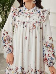 Al Najma Ruched Floral Patterned Elegant Dress With Headscarf - Multicolor - View 4