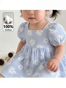 Loomiva Vestido de niña con estampado floral, cuello cuadrado, mangas de pétalo y cintura ceñida - Azul - Ver 3