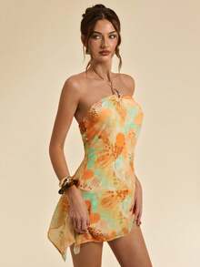 SHEIN BAE Đầm nghỉ mát dáng chữ A cổ yếm in hoa màu cam rực rỡ dành cho nữ, kiểu dáng thanh lịch. - Màu vàng - Xem 3