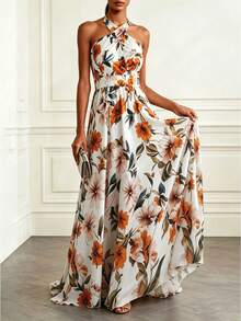 SHEIN Clasi Nuovo abito elegante da vacanza con motivo floreale, un abito estivo oversize con design alla halter senza maniche e uno stile chic. - Multicolore - Visualizzare 1