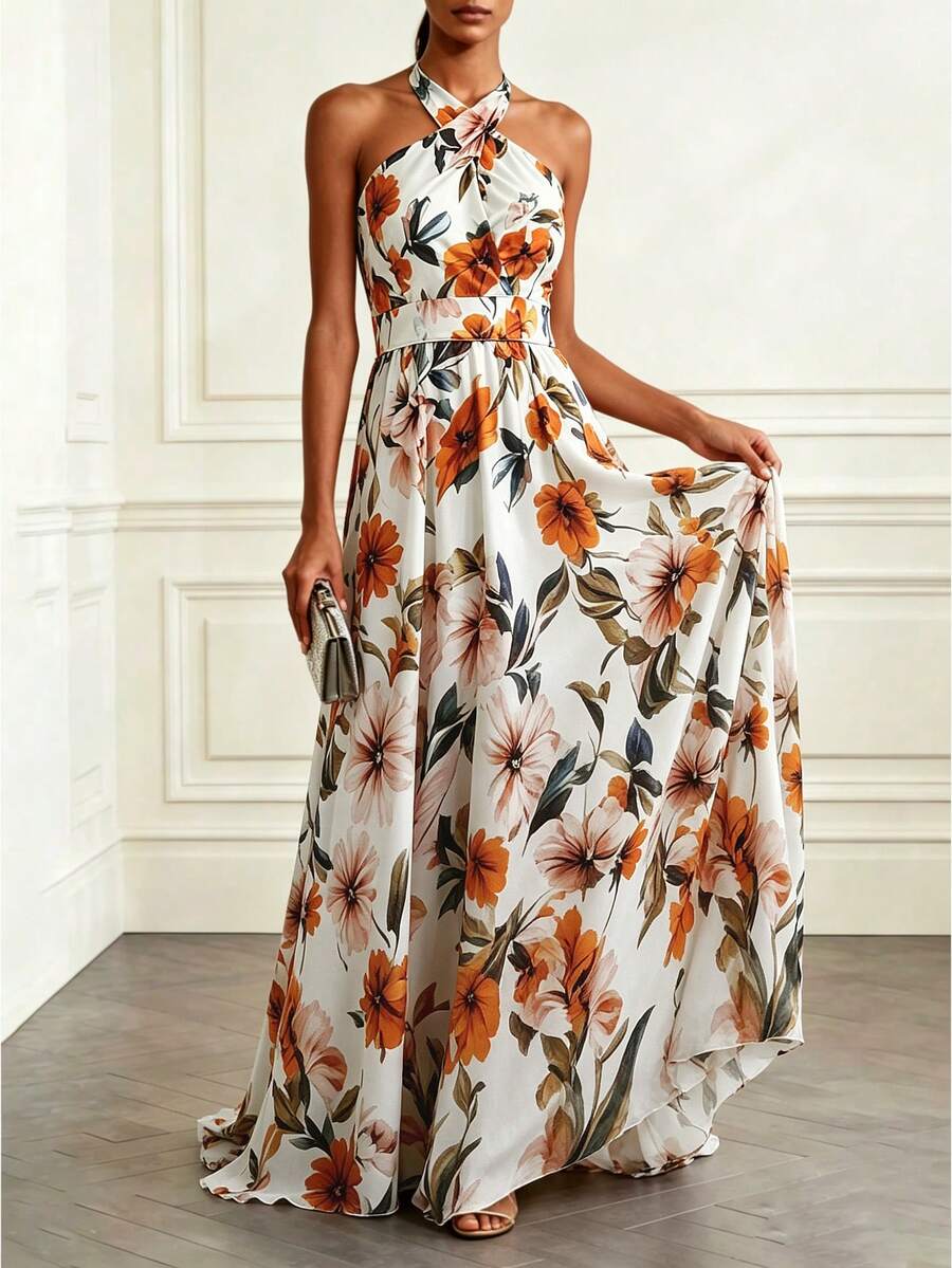 SHEIN Clasi Nuovo abito elegante da vacanza con motivo floreale, un abito estivo oversize con design alla halter senza maniche e uno stile chic. - Multicolore - Visualizzare 1