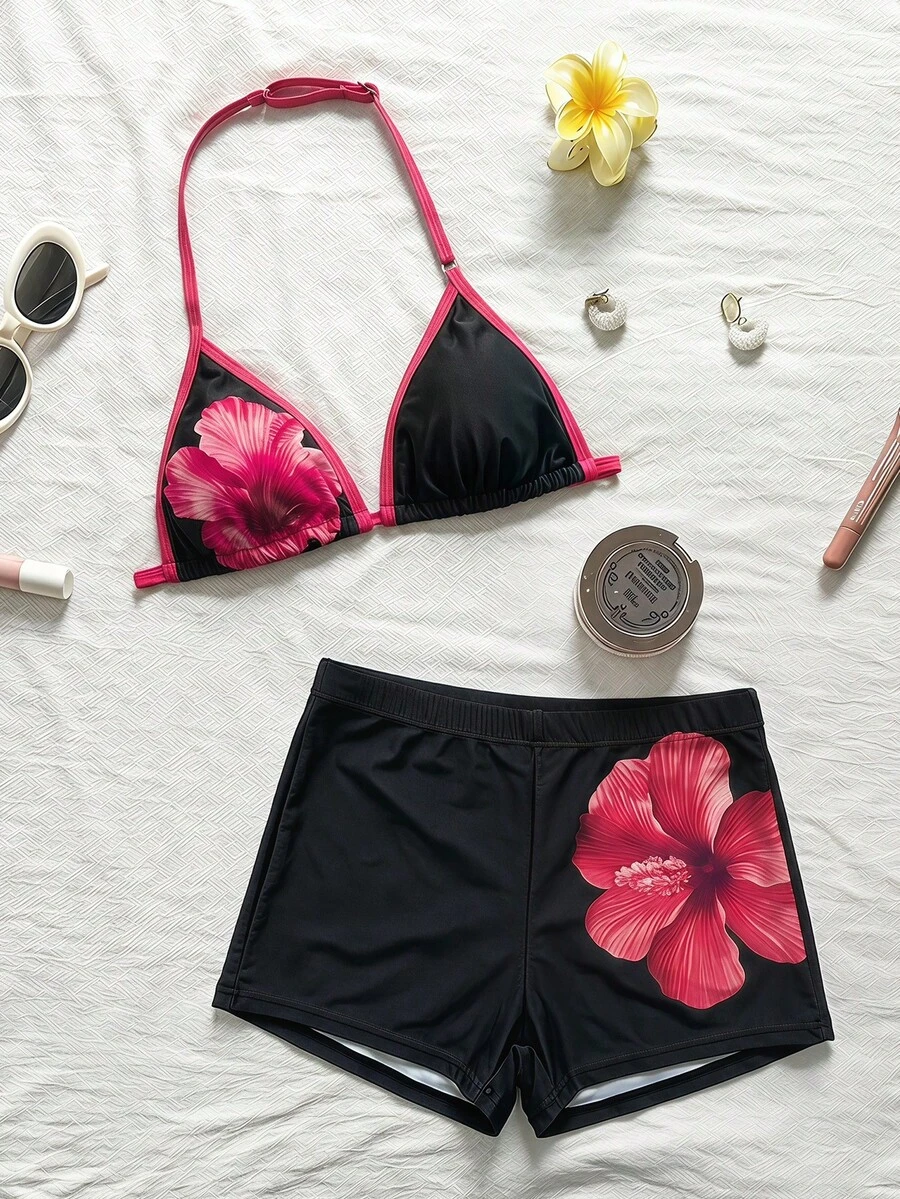 SHEIN Bộ bikini hai mảnh màu đen dệt kim phối viền tương phản dành cho thiếu nữ, thích hợp cho kỳ nghỉ biển. - Màu Hồng Tươi - Xem 1