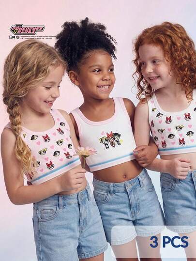 THE POWERPUFF GIRLS X SHEIN Maija Kids Vår/sommar för unga flickor, 3 delar, matchande linne med färgblockstryck