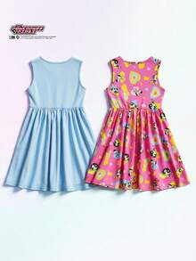 THE POWERPUFF GIRLS X SHEIN Maija Kids Bộ 2 chiếc váy cơ bản không tay cổ tròn, ôm eo, họa tiết hoạt hình IP dành cho bé gái. - Nhiều màu - Xem 2
