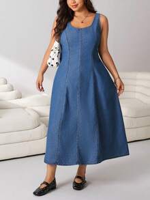 Solflare Plus Size Women Summer Sleeveless Casual Denim Dress Vacation Outfits - Blue - View 6
