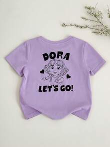 DORA | SHEIN Áo thun ngắn tay cổ tròn in họa tiết tối giản dành cho bé gái (cỡ nhỏ) - Màu tím - Xem 1