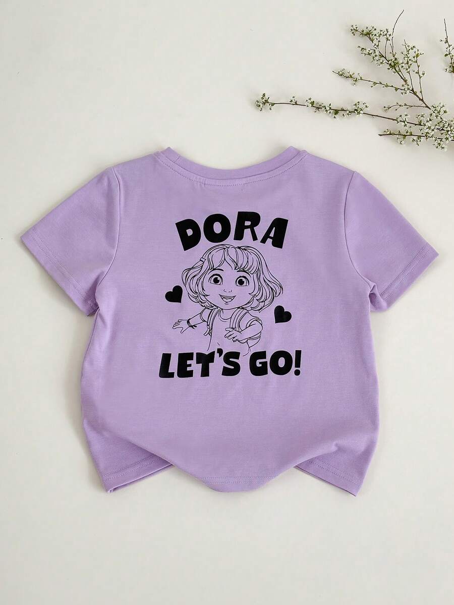 DORA | SHEIN Áo thun ngắn tay cổ tròn in họa tiết tối giản dành cho bé gái (cỡ nhỏ) - Màu tím - Xem 1
