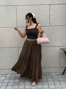 GalTyme Chocolate Brown Layered Loose Plus Size Skirt - Chocolate Brown - View 3