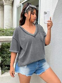 Muchica Plus Size Acid Washed Look Vintage Knitted Distressed Loose Fit Short Sleeve T-Shirt, Light Gray - Light Grey - View 3
