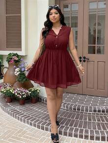 SHEIN EZwear Wine Red Chiffon Sleeveless Casual Plus Size Dress - Burgundy - View 4