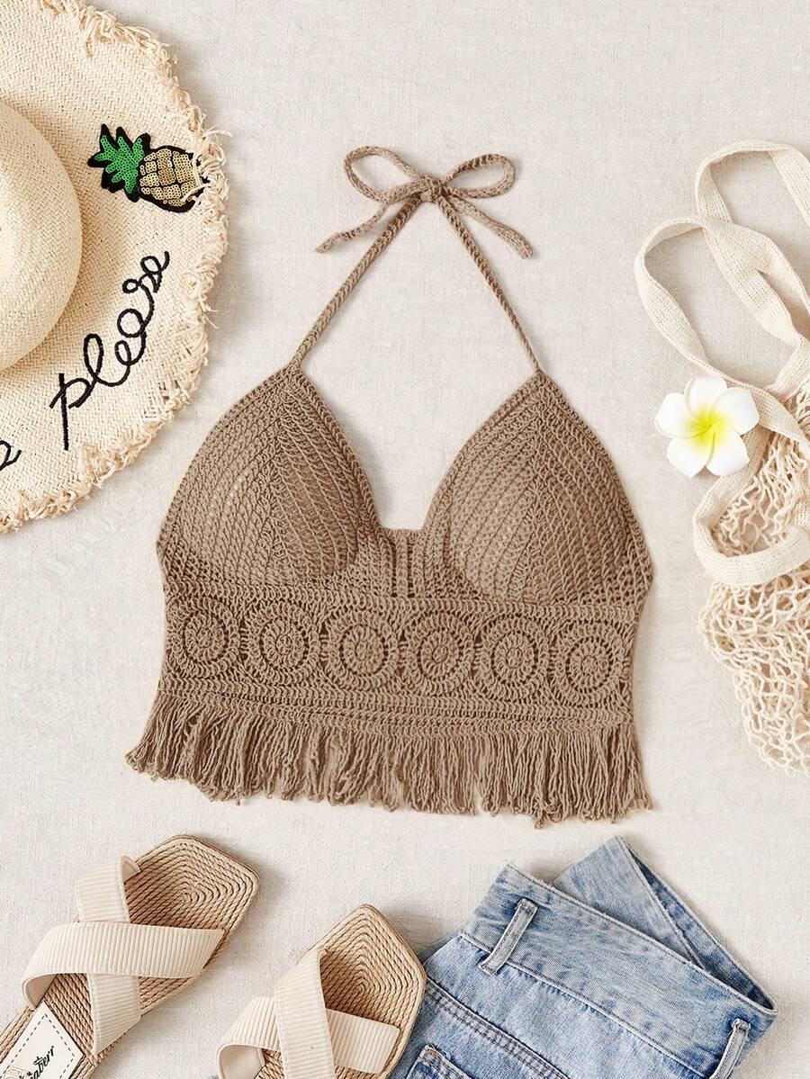 SHEIN VCAY 纯色露背无袖复古时尚罩衫 - 卡其色 - 查看 1