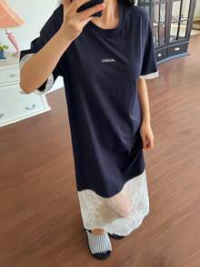 DAZY Women's Elegant Contrast Color Lace Patchwork Loose T-Shirt Nightgown Dress, Casual Home Wear For Summer Pajamas - Navy Blue - View 4